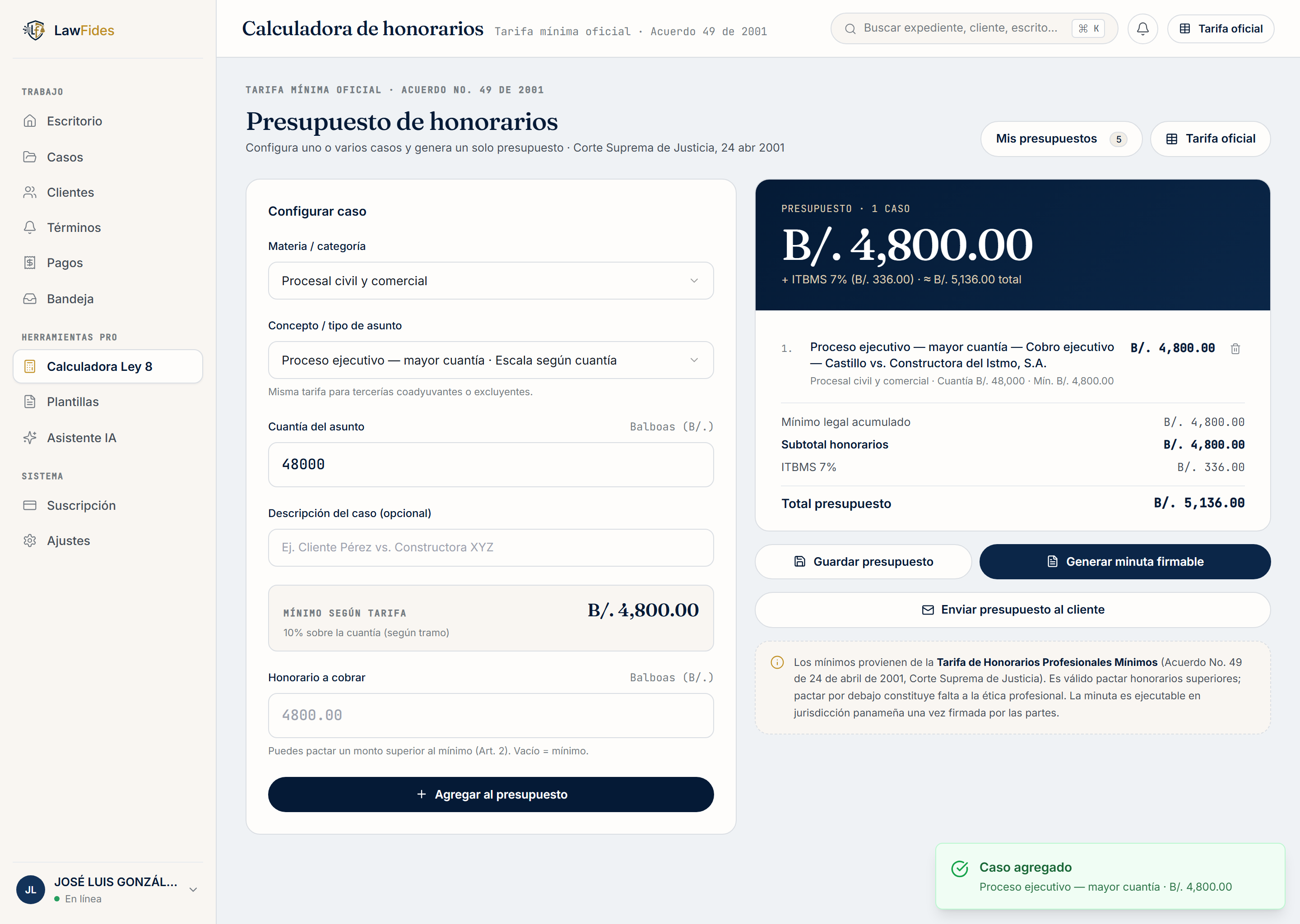 Captura de Calculadora Ley 8 en LawFides