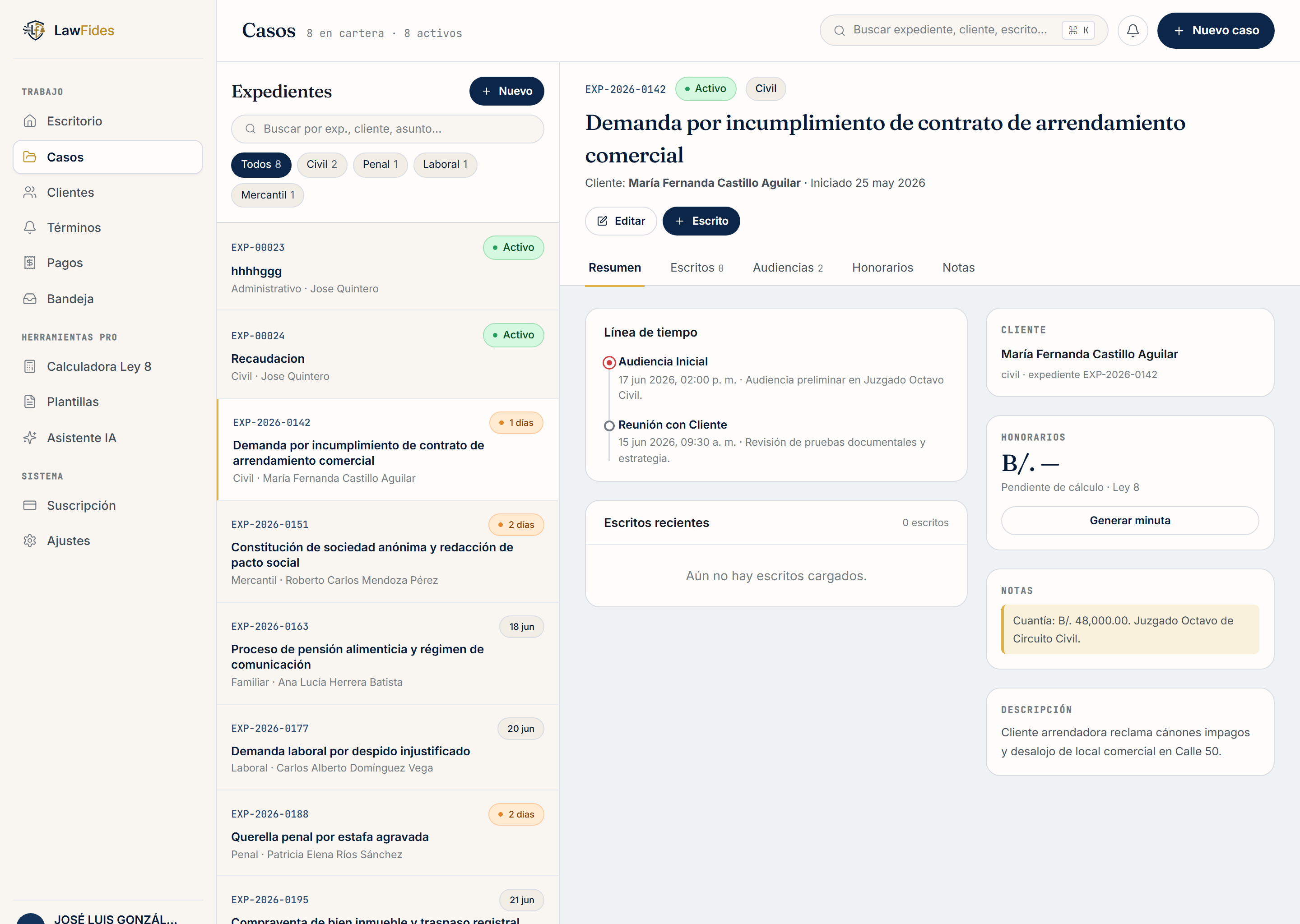 Captura de Gestión de Casos en LawFides